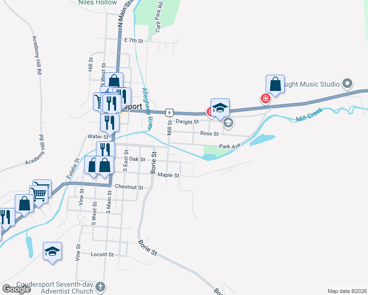 map of restaurants, bars, coffee shops, grocery stores, and more near 400-418 Park Avenue in Coudersport
