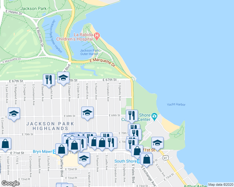 map of restaurants, bars, coffee shops, grocery stores, and more near 6752 South Oglesby Avenue in Chicago