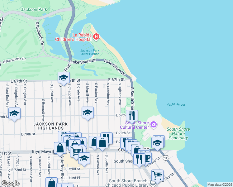 map of restaurants, bars, coffee shops, grocery stores, and more near 6752 South Oglesby Avenue in Chicago