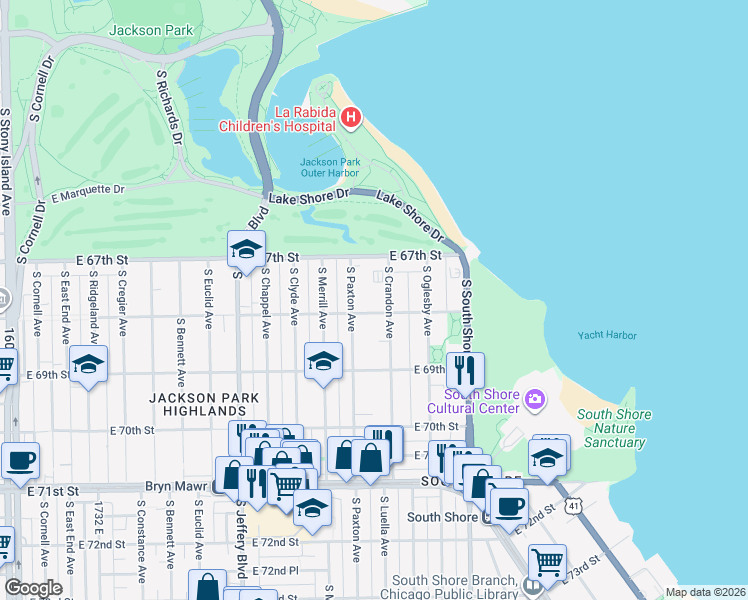 map of restaurants, bars, coffee shops, grocery stores, and more near 2232 East 68th Street in Chicago