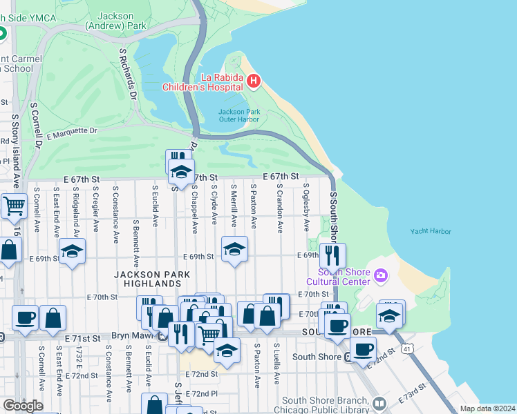 map of restaurants, bars, coffee shops, grocery stores, and more near 2202 East 68th Street in Chicago