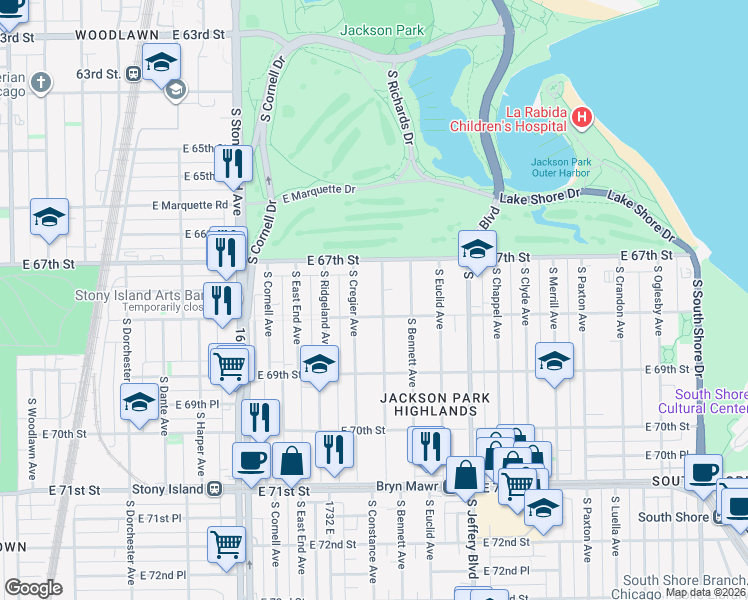 map of restaurants, bars, coffee shops, grocery stores, and more near 6748 South Constance Avenue in Chicago