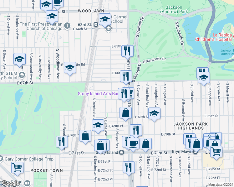 map of restaurants, bars, coffee shops, grocery stores, and more near 1517 East 67th Place in Chicago