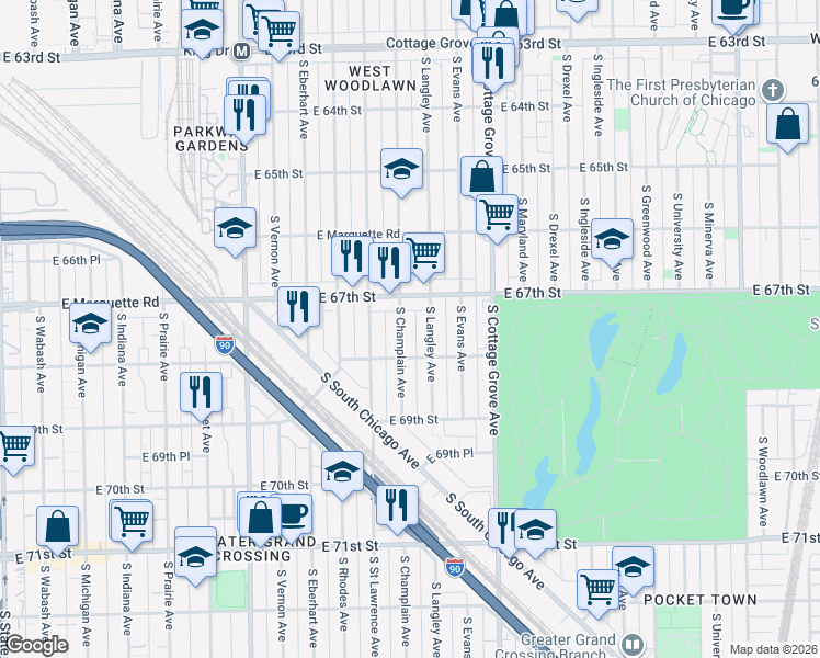 map of restaurants, bars, coffee shops, grocery stores, and more near 6735 South Champlain Avenue in Chicago