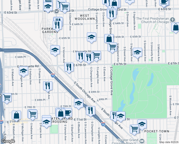 map of restaurants, bars, coffee shops, grocery stores, and more near 6735 South Champlain Avenue in Chicago