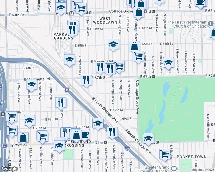 map of restaurants, bars, coffee shops, grocery stores, and more near 6735 South Saint Lawrence Avenue in Chicago