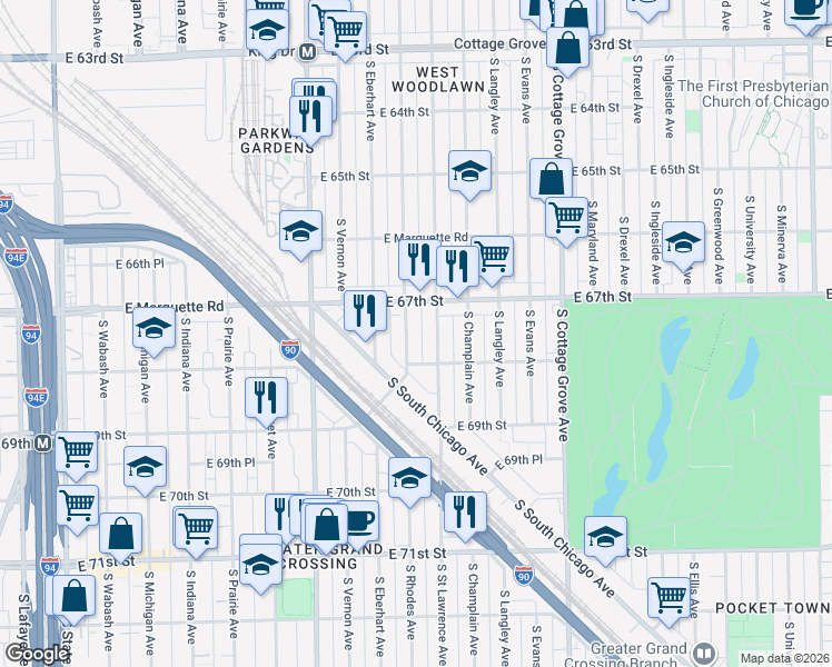 map of restaurants, bars, coffee shops, grocery stores, and more near 6732 South Rhodes Avenue in Chicago