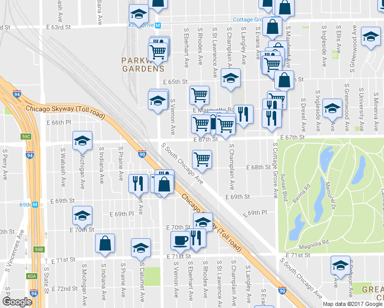 map of restaurants, bars, coffee shops, grocery stores, and more near 6732 South Rhodes Avenue in Chicago