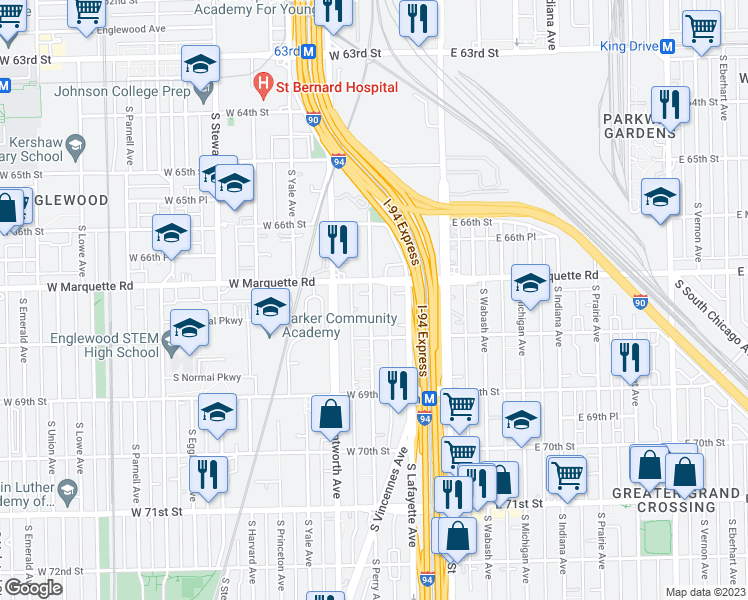 map of restaurants, bars, coffee shops, grocery stores, and more near 6724 South Perry Avenue in Chicago