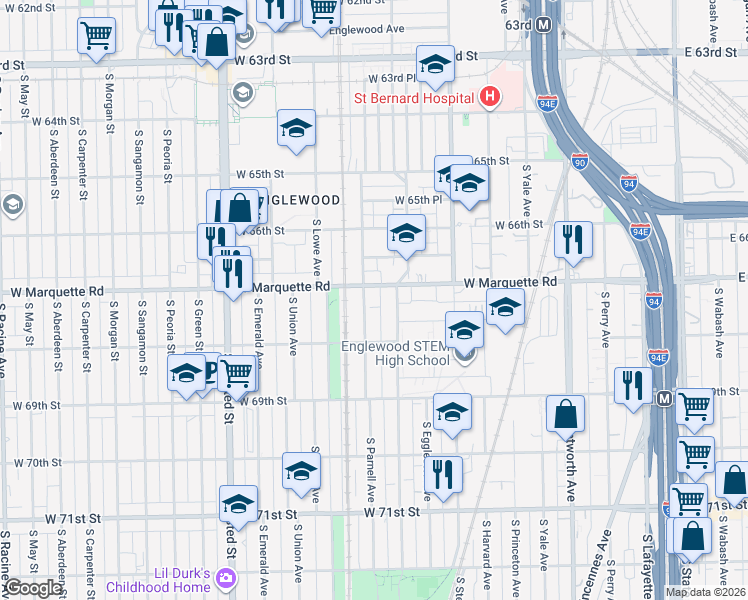 map of restaurants, bars, coffee shops, grocery stores, and more near 6716 South Parnell Avenue in Chicago