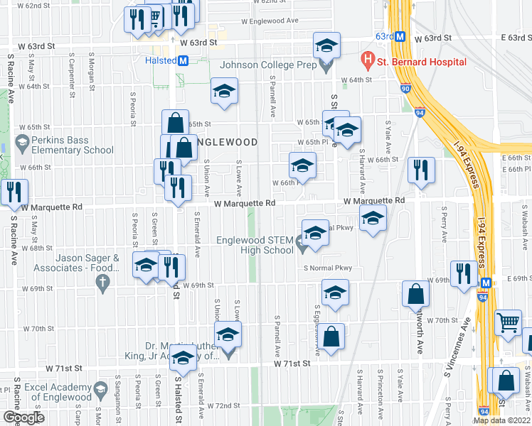 map of restaurants, bars, coffee shops, grocery stores, and more near 6716 South Parnell Avenue in Chicago