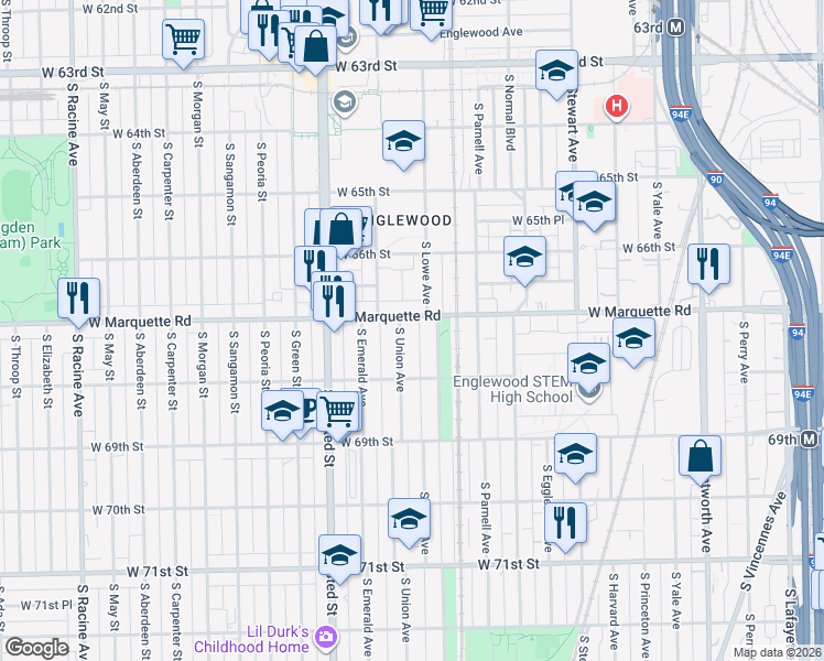 map of restaurants, bars, coffee shops, grocery stores, and more near 6716 South Union Avenue in Chicago