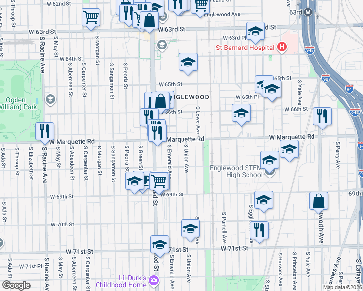 map of restaurants, bars, coffee shops, grocery stores, and more near 6716 South Union Avenue in Chicago