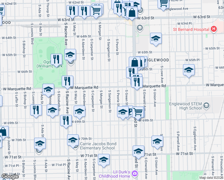 map of restaurants, bars, coffee shops, grocery stores, and more near 6713 South Sangamon Street in Chicago