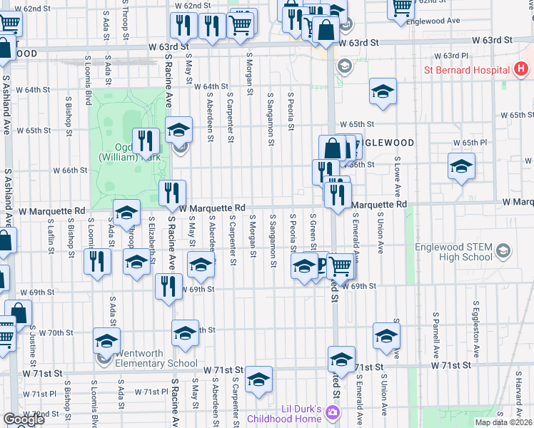 map of restaurants, bars, coffee shops, grocery stores, and more near 6713 South Sangamon Street in Chicago