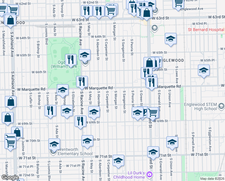 map of restaurants, bars, coffee shops, grocery stores, and more near 6702 South Morgan Street in Chicago