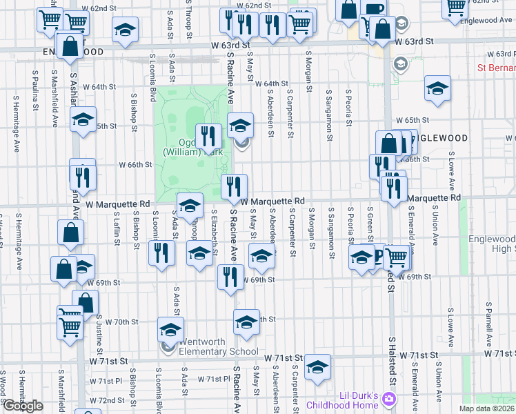 map of restaurants, bars, coffee shops, grocery stores, and more near 1111 West Marquette Road in Chicago