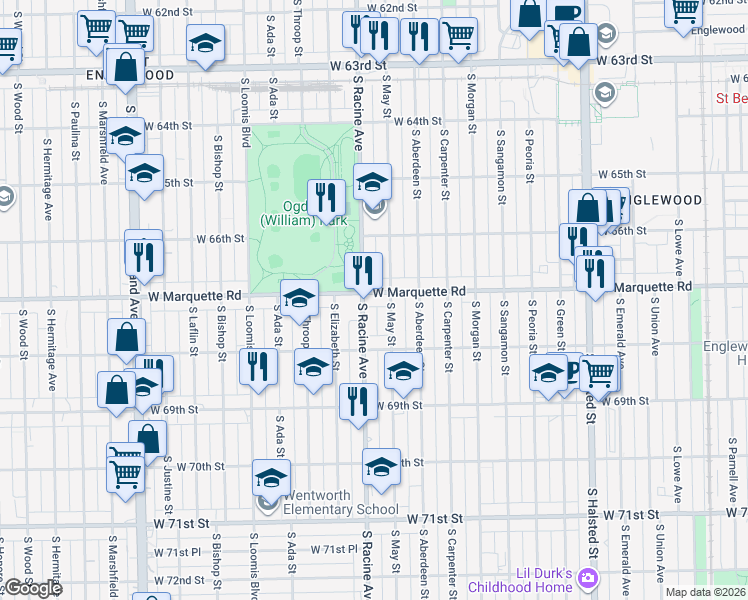 map of restaurants, bars, coffee shops, grocery stores, and more near 6709 South Racine Avenue in Chicago