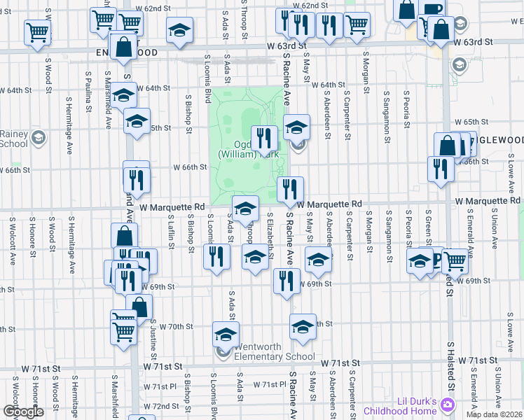 map of restaurants, bars, coffee shops, grocery stores, and more near 6708 South Elizabeth Street in Chicago
