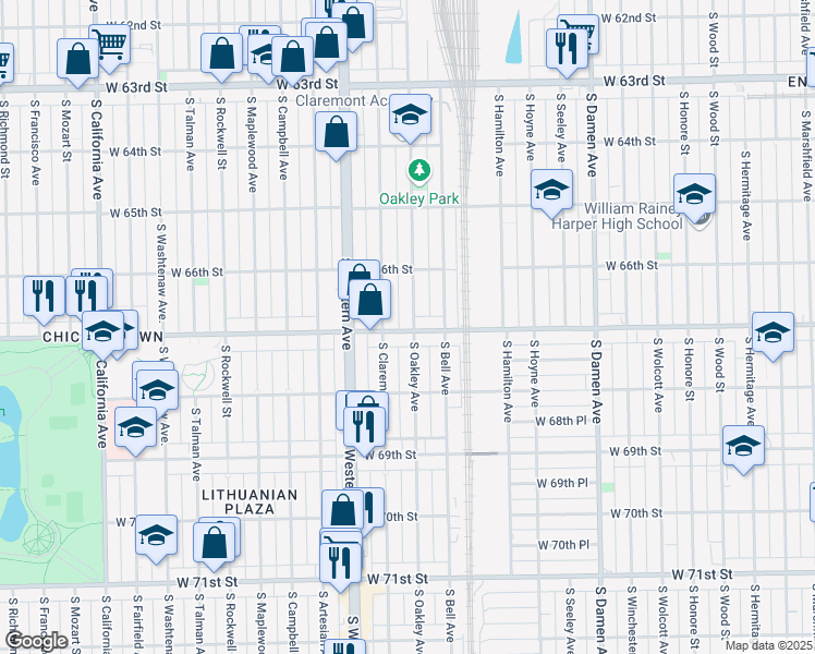 map of restaurants, bars, coffee shops, grocery stores, and more near 6658 South Oakley Avenue in Chicago