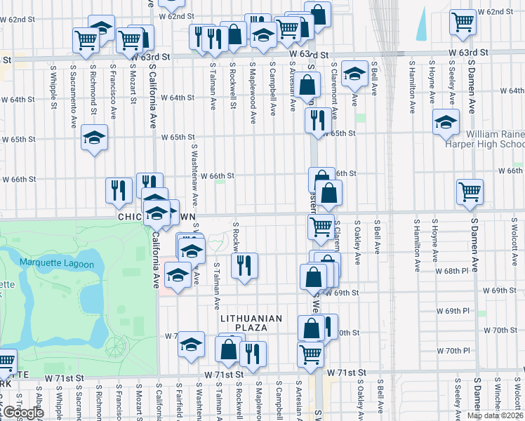 map of restaurants, bars, coffee shops, grocery stores, and more near 2524 West Marquette Road in Chicago