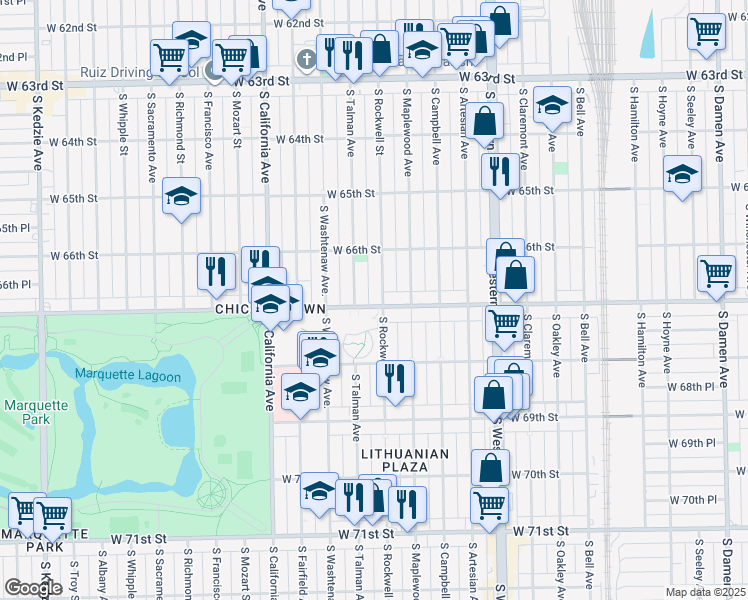 map of restaurants, bars, coffee shops, grocery stores, and more near 6658 South Rockwell Street in Chicago