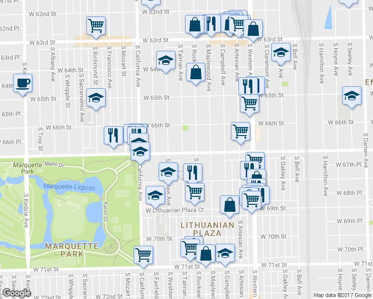 map of restaurants, bars, coffee shops, grocery stores, and more near 6658 South Rockwell Street in Chicago
