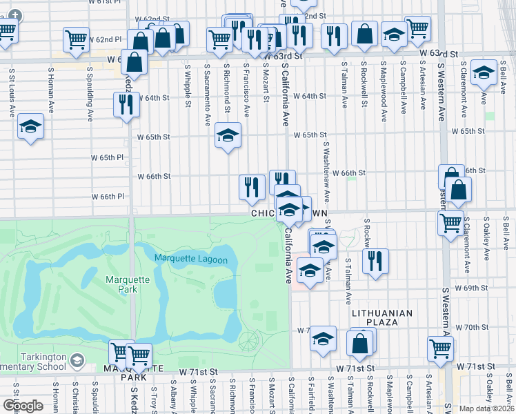 map of restaurants, bars, coffee shops, grocery stores, and more near 2834 West Marquette Road in Chicago