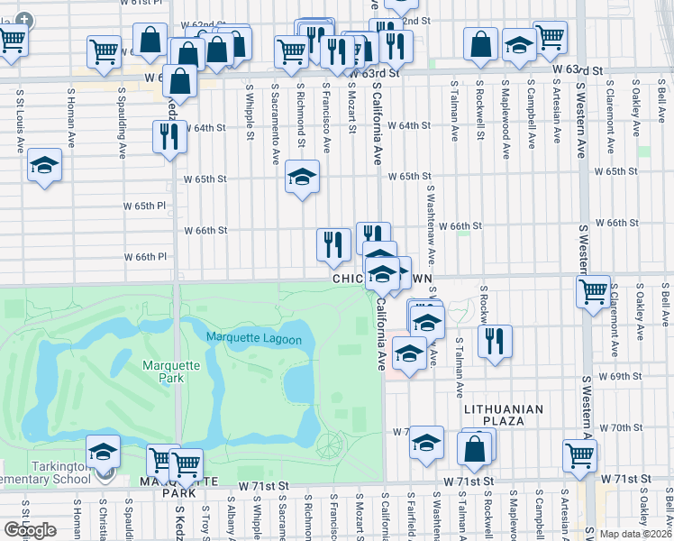 map of restaurants, bars, coffee shops, grocery stores, and more near 2904 West Marquette Road in Chicago