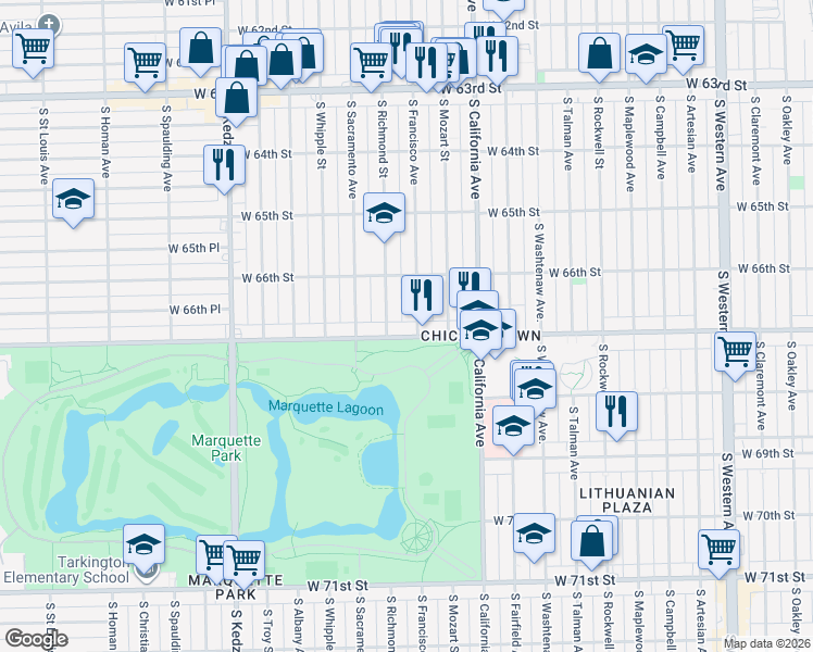 map of restaurants, bars, coffee shops, grocery stores, and more near 2904 West Marquette Road in Chicago