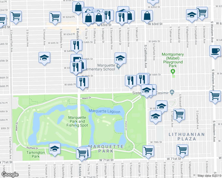 map of restaurants, bars, coffee shops, grocery stores, and more near 3030 West Marquette Road in Chicago