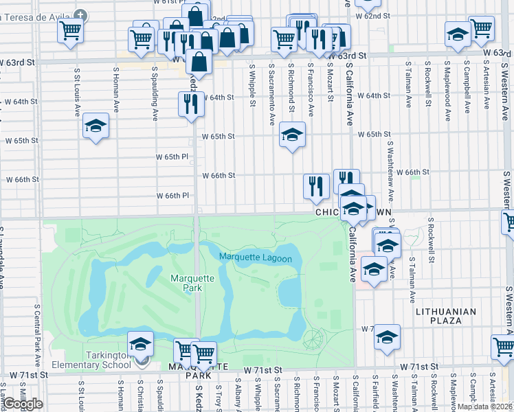 map of restaurants, bars, coffee shops, grocery stores, and more near 3030 West Marquette Road in Chicago