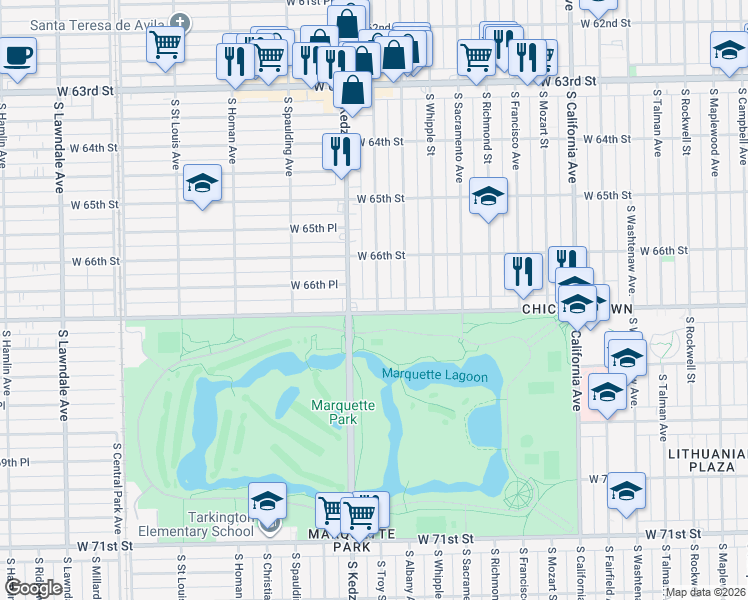 map of restaurants, bars, coffee shops, grocery stores, and more near 3134 West Marquette Road in Chicago