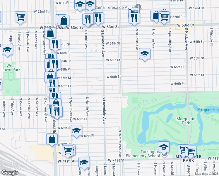 map of restaurants, bars, coffee shops, grocery stores, and more near 3629 West 66th Place in Chicago