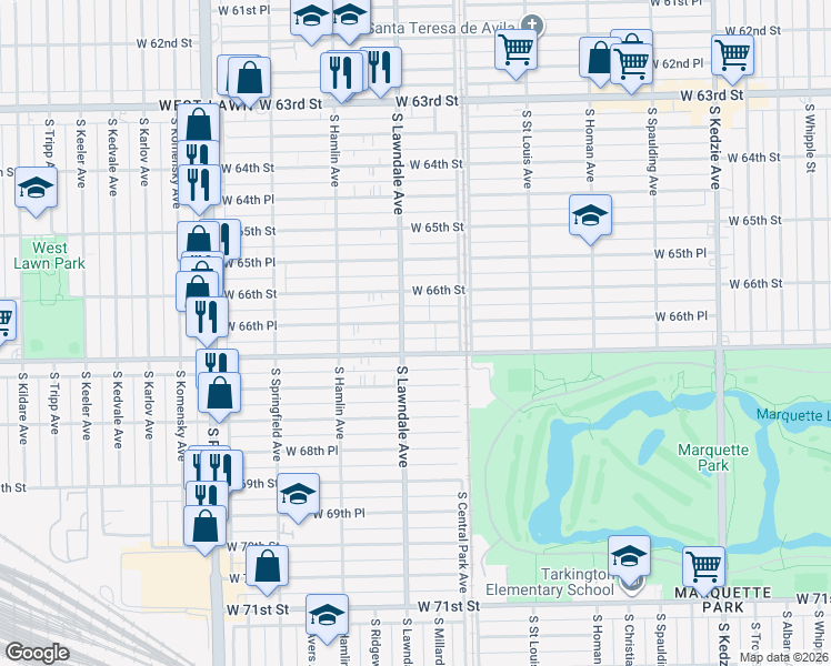 map of restaurants, bars, coffee shops, grocery stores, and more near 3629 West 66th Place in Chicago