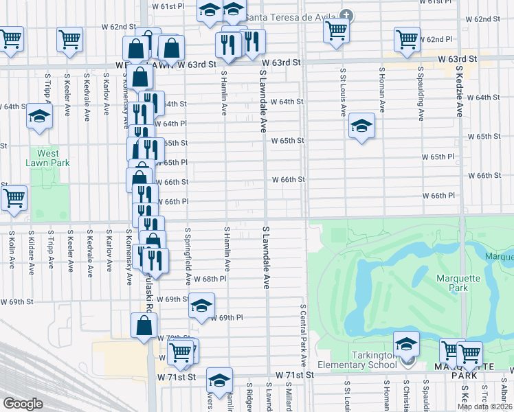 map of restaurants, bars, coffee shops, grocery stores, and more near 3705 West 66th Place in Chicago