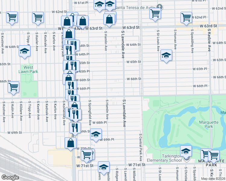 map of restaurants, bars, coffee shops, grocery stores, and more near 3745 West 66th Place in Chicago
