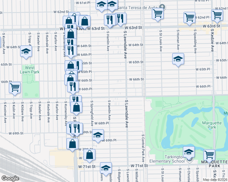 map of restaurants, bars, coffee shops, grocery stores, and more near 3745 West 66th Place in Chicago