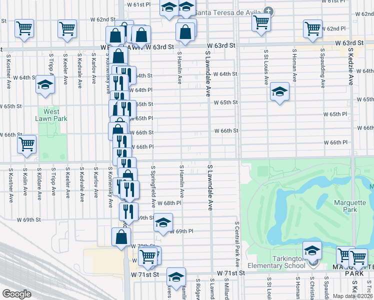 map of restaurants, bars, coffee shops, grocery stores, and more near 3745 West 66th Place in Chicago