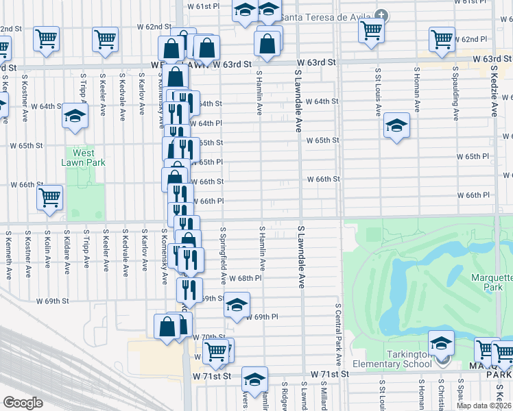 map of restaurants, bars, coffee shops, grocery stores, and more near 3819 West 66th Place in Chicago