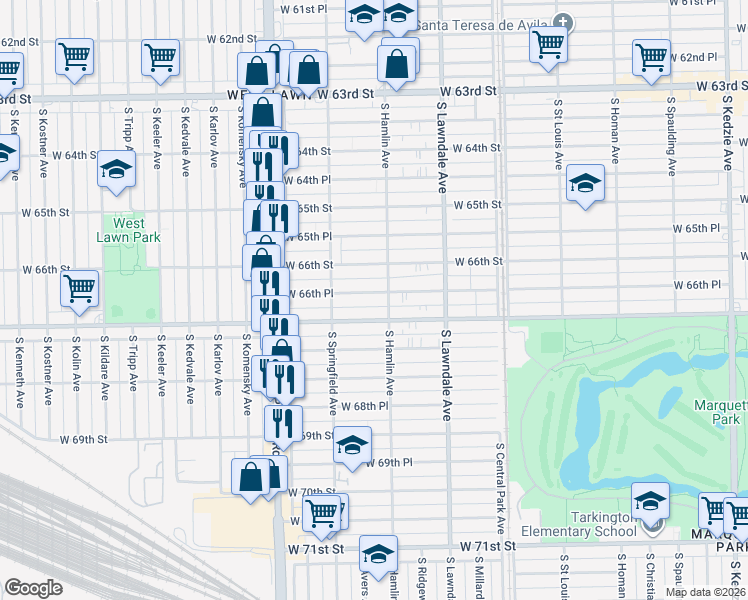 map of restaurants, bars, coffee shops, grocery stores, and more near 3819 West 66th Place in Chicago