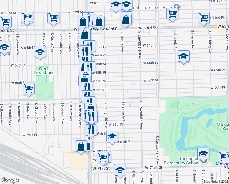 map of restaurants, bars, coffee shops, grocery stores, and more near 3819 West 66th Place in Chicago