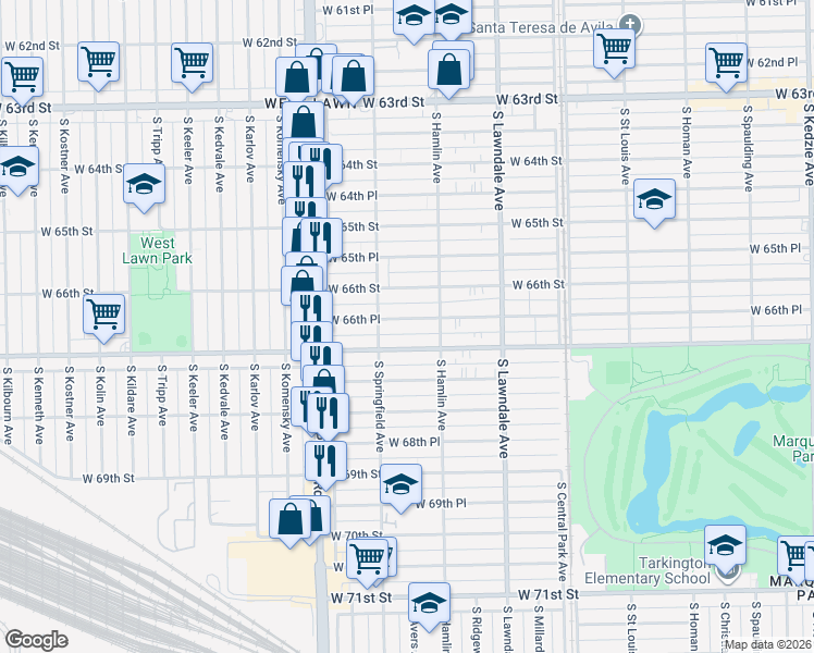 map of restaurants, bars, coffee shops, grocery stores, and more near 3819 West 66th Place in Chicago