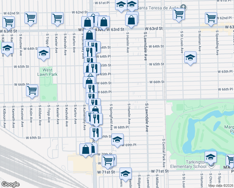 map of restaurants, bars, coffee shops, grocery stores, and more near 3859 West 66th Place in Chicago