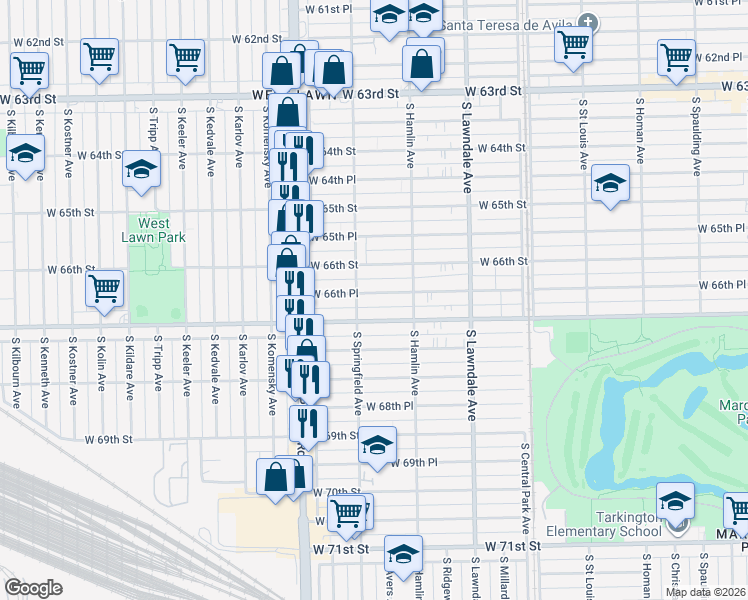 map of restaurants, bars, coffee shops, grocery stores, and more near 3859 West 66th Place in Chicago