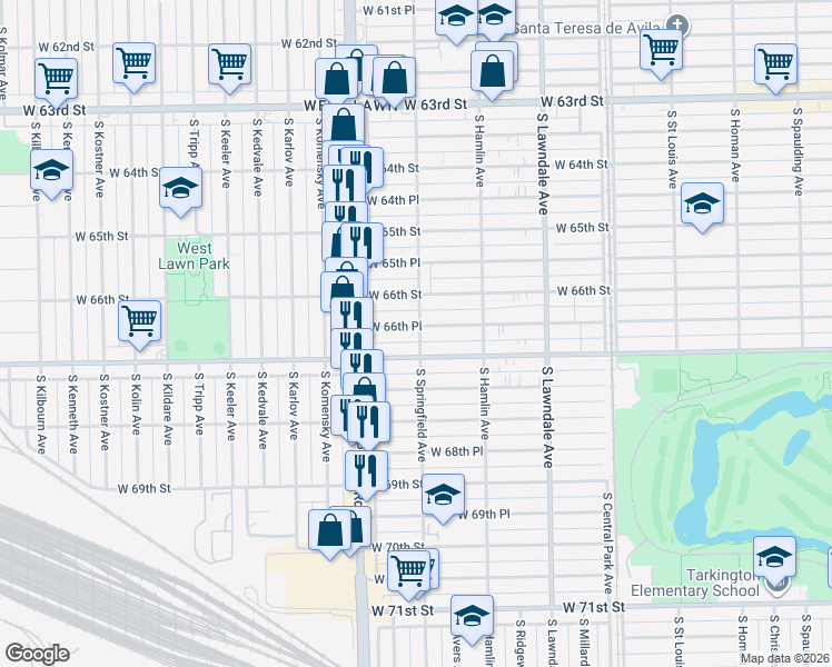 map of restaurants, bars, coffee shops, grocery stores, and more near 3859 West 66th Place in Chicago