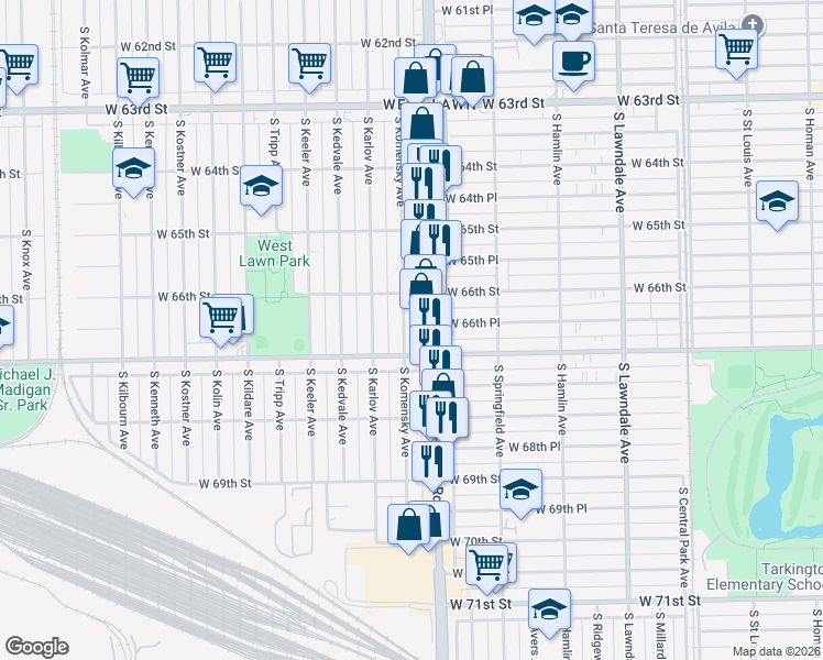 map of restaurants, bars, coffee shops, grocery stores, and more near 6640 South Pulaski Road in Chicago