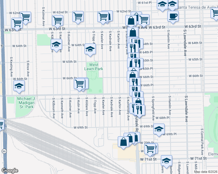 map of restaurants, bars, coffee shops, grocery stores, and more near 6637 South Kedvale Avenue in Chicago