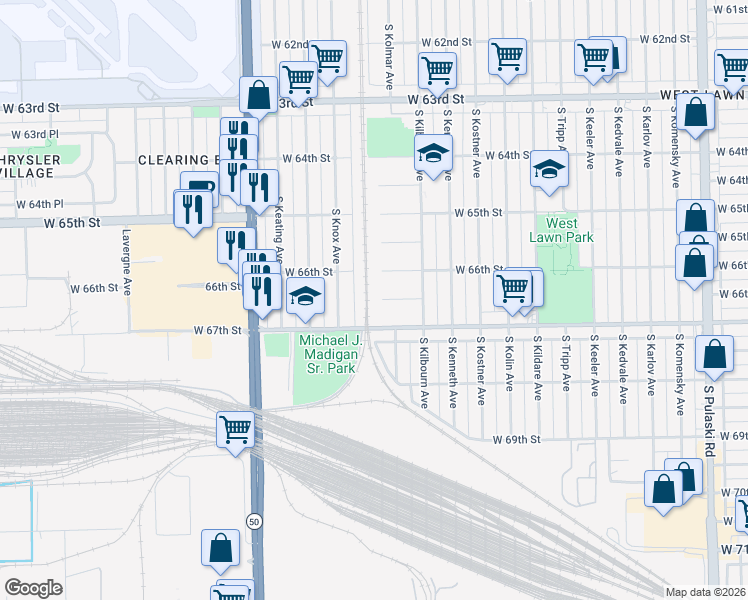 map of restaurants, bars, coffee shops, grocery stores, and more near 4543 West 66th Place in Chicago