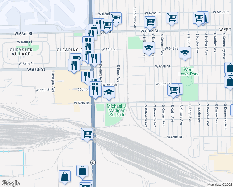 map of restaurants, bars, coffee shops, grocery stores, and more near 6633 South Kilpatrick Avenue in Chicago